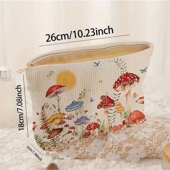 Mushroom corduroy cosmetic case makeup bag travel pouch - Picture 4 of 11